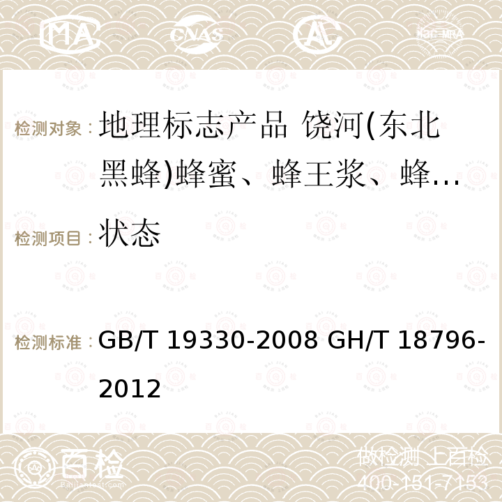 状态 GB/T 19330-2008 GH/T 18796-2012 地理标志产品 饶河(东北黑蜂)蜂蜜、蜂王浆、蜂胶、蜂花粉  蜂蜜