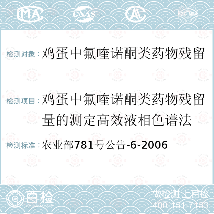 鸡蛋中氟喹诺酮类药物残留量的测定高效液相色谱法 农业部781号公告-6-2006  