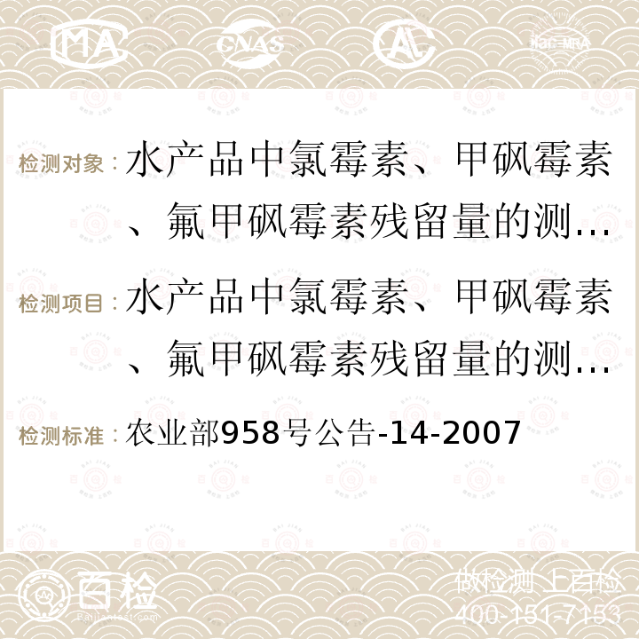 水产品中氯霉素、甲砜霉素、氟甲砜霉素残留量的测定气相色谱-质谱法 农业部958号公告-14-2007  