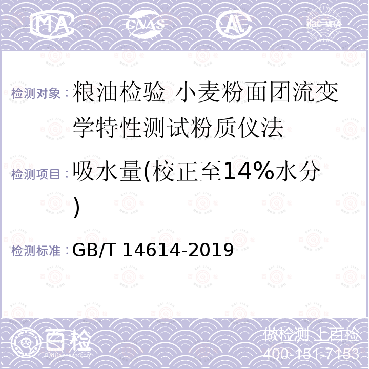 吸水量(校正至14%水分) GB/T 14614-2019 粮油检验 小麦粉面团流变学特性测试 粉质仪法