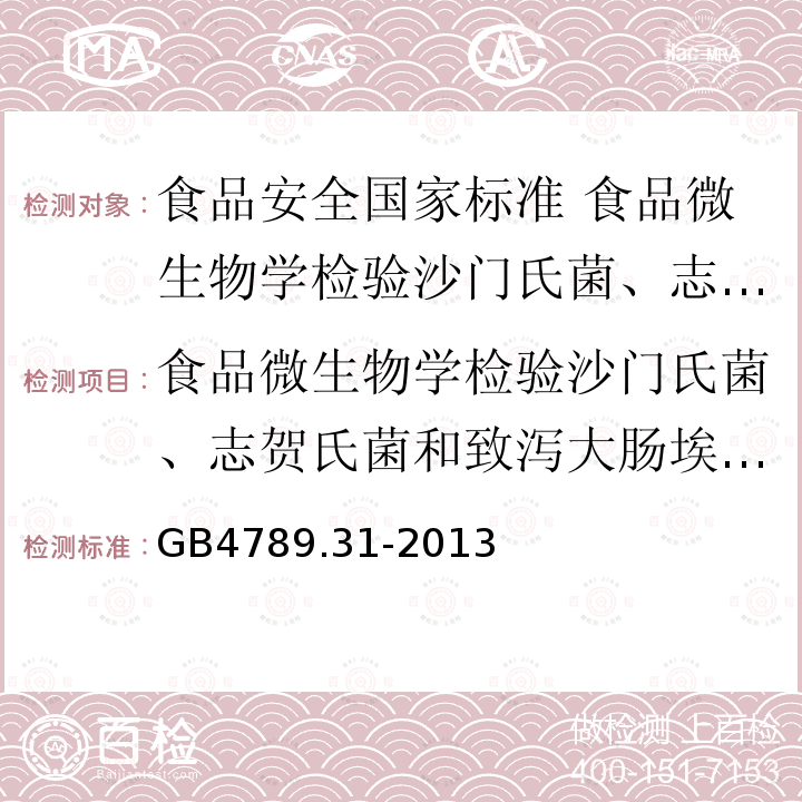 食品微生物学检验沙门氏菌、志贺氏菌和致泻大肠埃希氏菌的肠杆菌科噬菌体诊断检验 GB 4789.31-2013 食品安全国家标准 食品微生物学检验 沙门氏菌、志贺氏菌和致泻大肠埃希氏菌的肠杆菌科噬菌体诊断检验