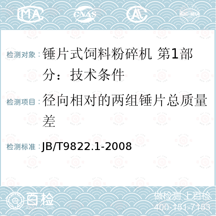 径向相对的两组锤片总质量差 JB/T 9822.1-2008 锤片式饲料粉碎机 第1部分:技术条件