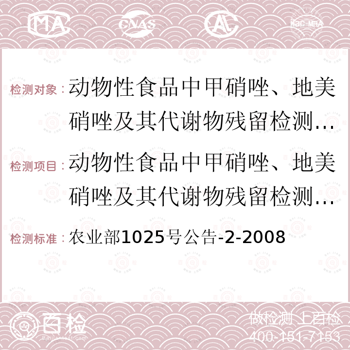 动物性食品中甲硝唑、地美硝唑及其代谢物残留检测 液相色谱－串联质谱法 动物性食品中甲硝唑、地美硝唑及其代谢物残留检测 液相色谱－串联质谱法 农业部1025号公告-2-2008