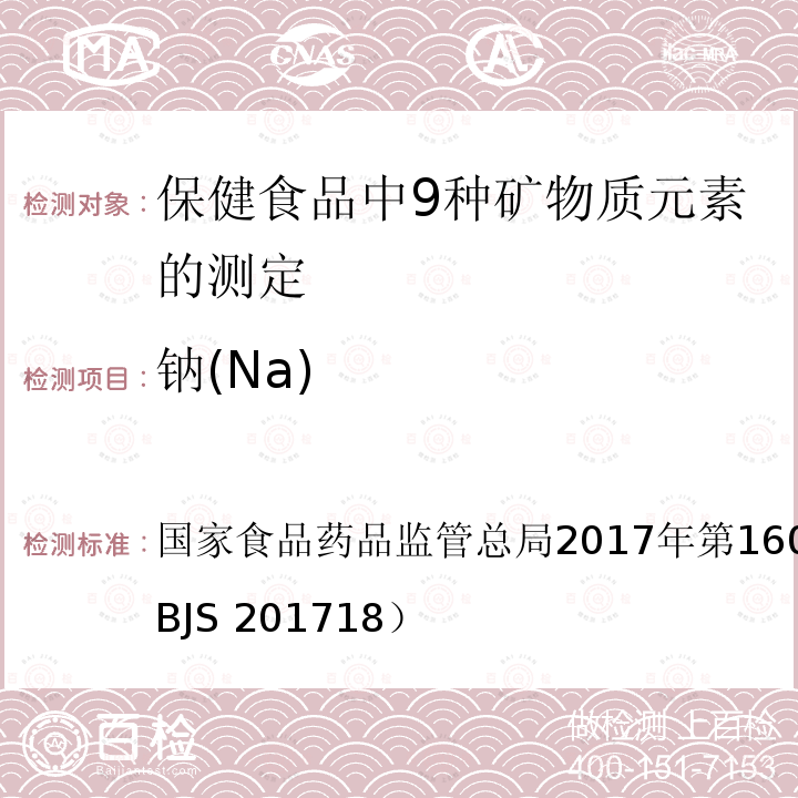 钠(Na) 钠(Na) 国家食品药品监管总局2017年第160号公告 附件6（BJS 201718）