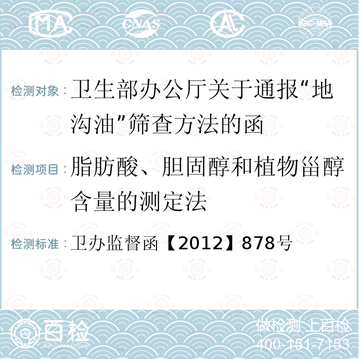 脂肪酸、胆固醇和植物甾醇含量的测定法 卫办监督函【2012】878号  