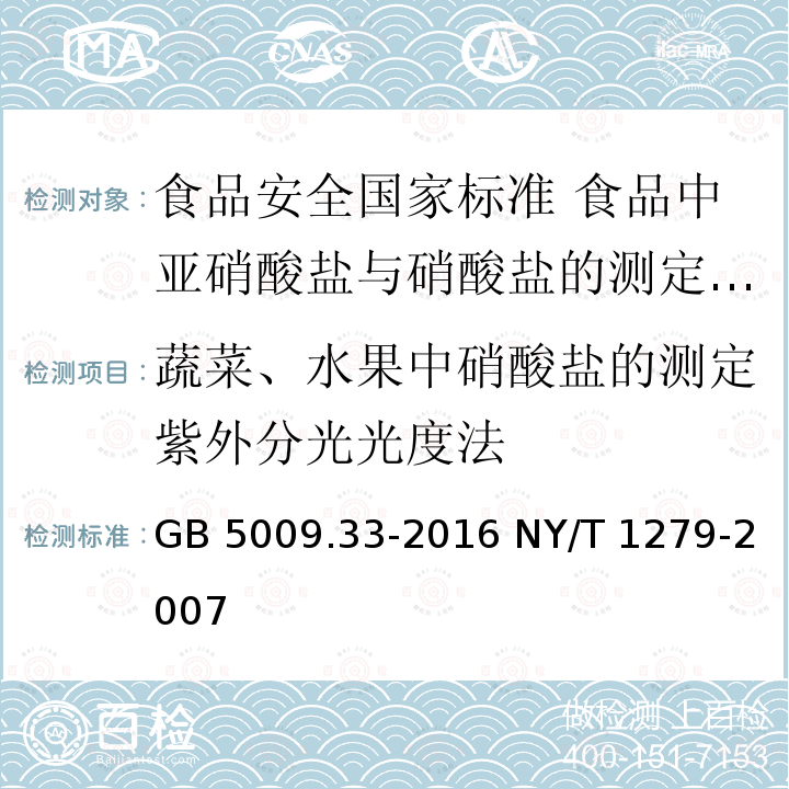 蔬菜、水果中硝酸盐的测定紫外分光光度法 GB 5009.33-2016 食品安全国家标准 食品中亚硝酸盐与硝酸盐的测定