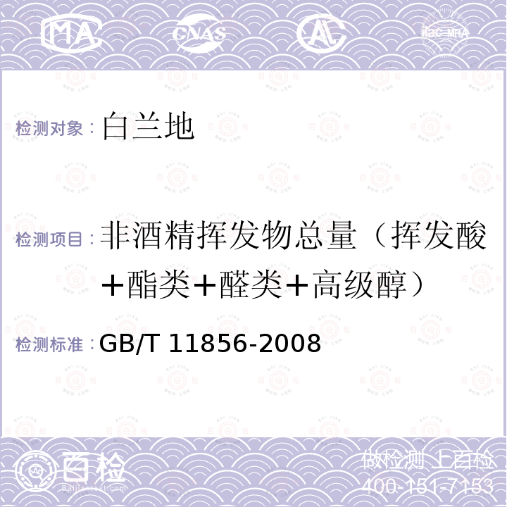 非酒精挥发物总量（挥发酸+酯类+醛类+高级醇） GB/T 11856-2008 白兰地