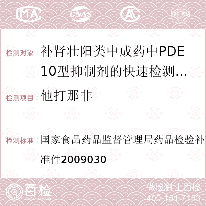 他打那非 国家食品药品监督管理局药品检验补充检验方法和检验项目批准件  2009030