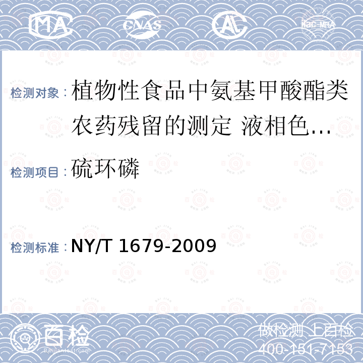 硫环磷 NY/T 1679-2009 植物性食品中氨基甲酸酯类农药残留的测定 液相色谱-串联质谱法