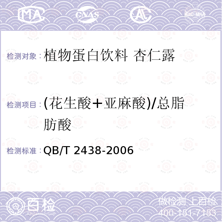(花生酸+亚麻酸)/总脂肪酸 QB/T 2438-2006 植物蛋白饮料 杏仁露