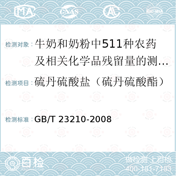 硫丹硫酸盐（硫丹硫酸酯） GB/T 23210-2008 牛奶和奶粉中511种农药及相关化学品残留量的测定 气相色谱-质谱法