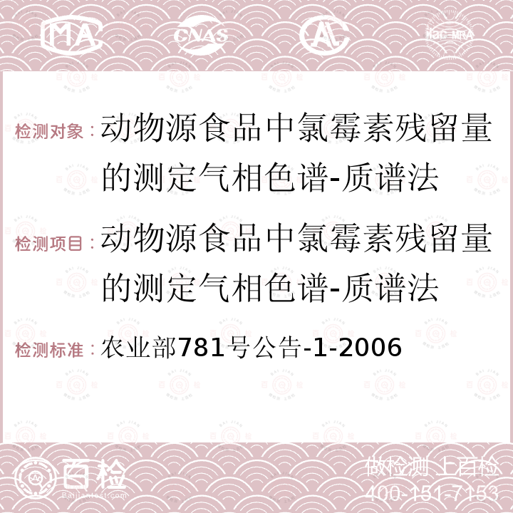 动物源食品中氯霉素残留量的测定气相色谱-质谱法 动物源食品中氯霉素残留量的测定气相色谱-质谱法 农业部781号公告-1-2006