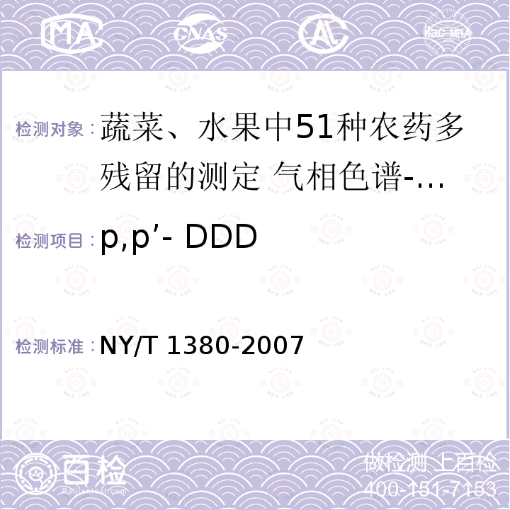 p,p’- DDD NY/T 1380-2007 蔬菜、水果中51种农药多残留的测定气相色谱质谱法