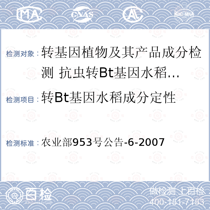 转Bt基因水稻成分定性 农业部953号公告-6-2007  