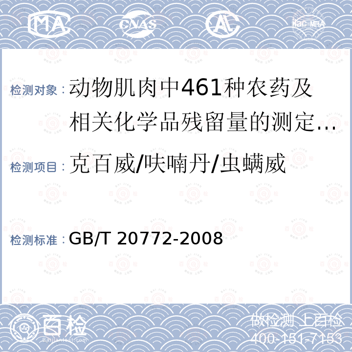 克百威/呋喃丹/虫螨威 GB/T 20772-2008 动物肌肉中461种农药及相关化学品残留量的测定 液相色谱-串联质谱法