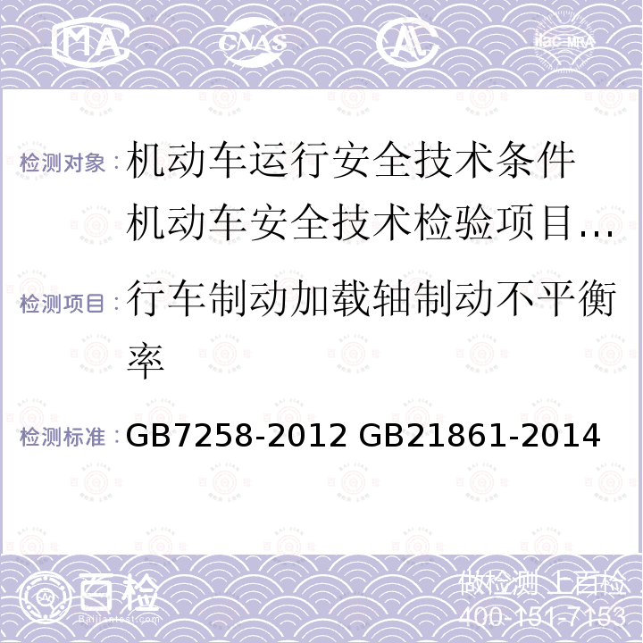 行车制动加载轴制动不平衡率 GB 7258-2012 机动车运行安全技术条件