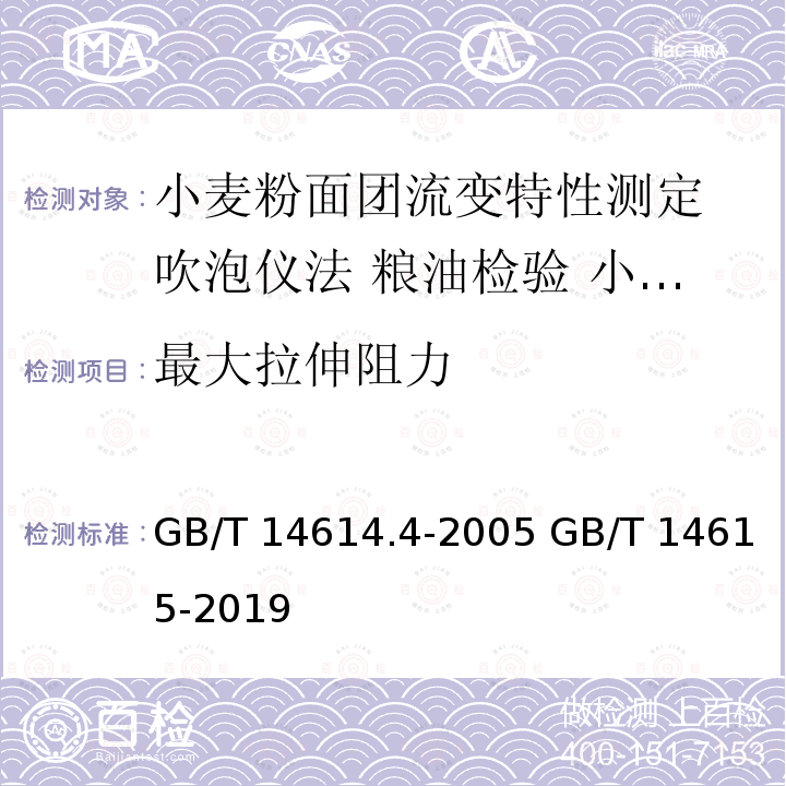 最大拉伸阻力 GB/T 14614.4-2005 小麦粉面团流变特性测定 吹泡仪法