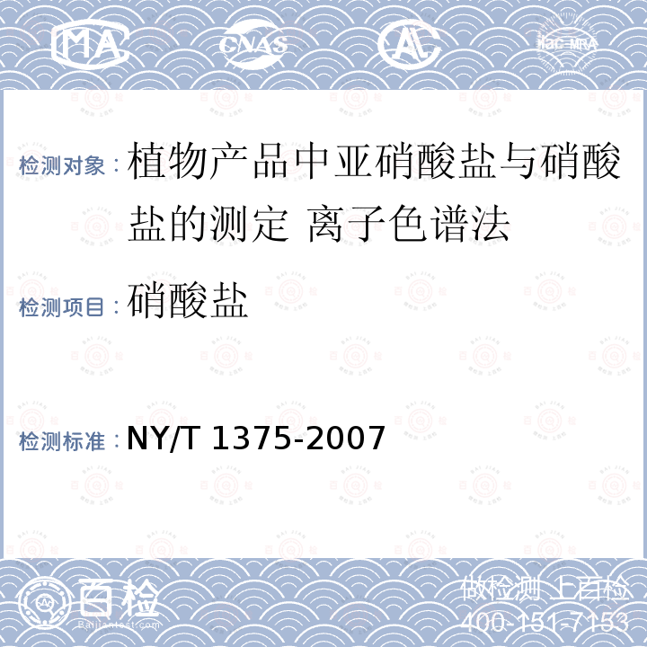 硝酸盐 NY/T 1375-2007 植物产品中亚硝酸盐与硝酸盐的测定离子色谱法