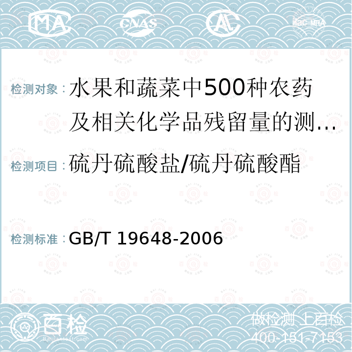 硫丹硫酸盐/硫丹硫酸酯 GB/T 19648-2006 水果和蔬菜中500种农药及相关化学品残留量的测定 气相色谱-质谱法