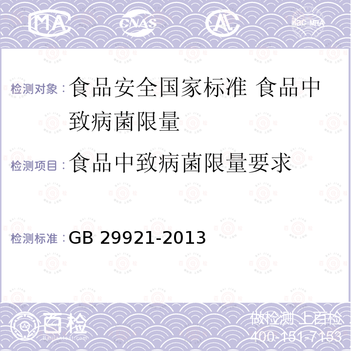 食品中致病菌限量要求 GB 29921-2013 食品安全国家标准 食品中致病菌限量