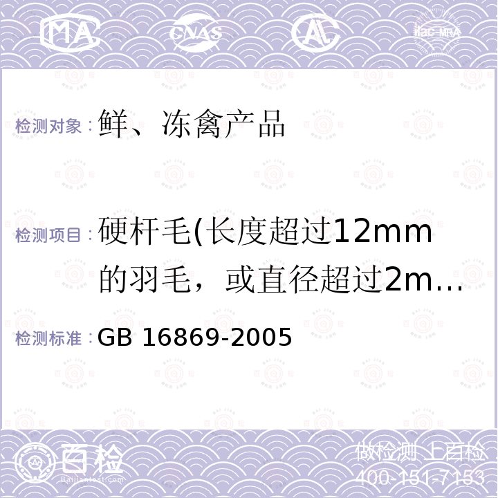 硬杆毛(长度超过12mm的羽毛，或直径超过2mm的羽毛根) 硬杆毛(长度超过12mm的羽毛，或直径超过2mm的羽毛根) GB 16869-2005