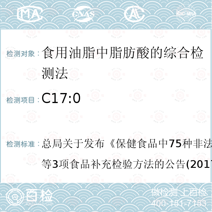 C17:0 保健食品中75种非法添加化学药物的检测  总局关于发布《》等3项食品补充检验方法的公告(2017年第138号)BJS 201712