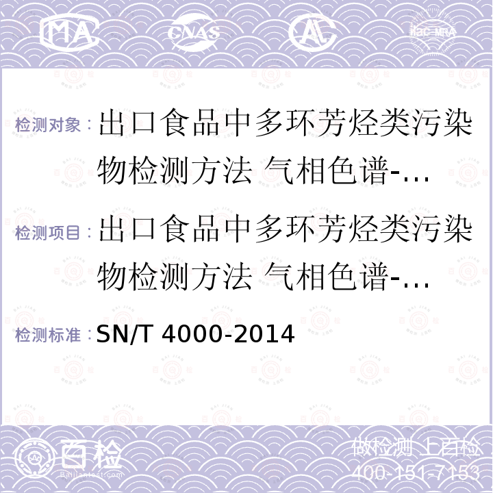 出口食品中多环芳烃类污染物检测方法 气相色谱-质谱法 SN/T 4000-2014 出口食品中多环芳烃类污染物检测方法 气相色谱-质谱法