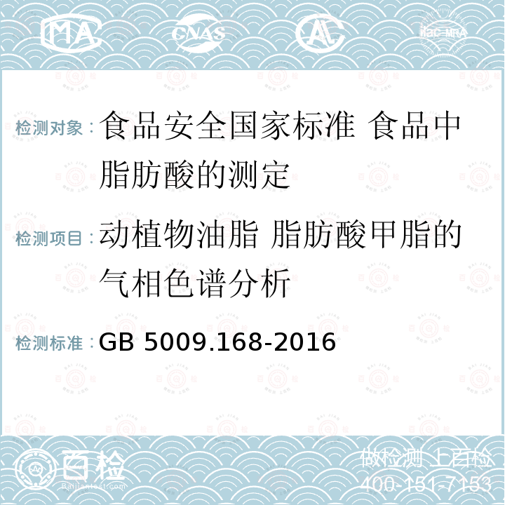 动植物油脂 脂肪酸甲脂的气相色谱分析 GB 5009.168-2016 食品安全国家标准 食品中脂肪酸的测定