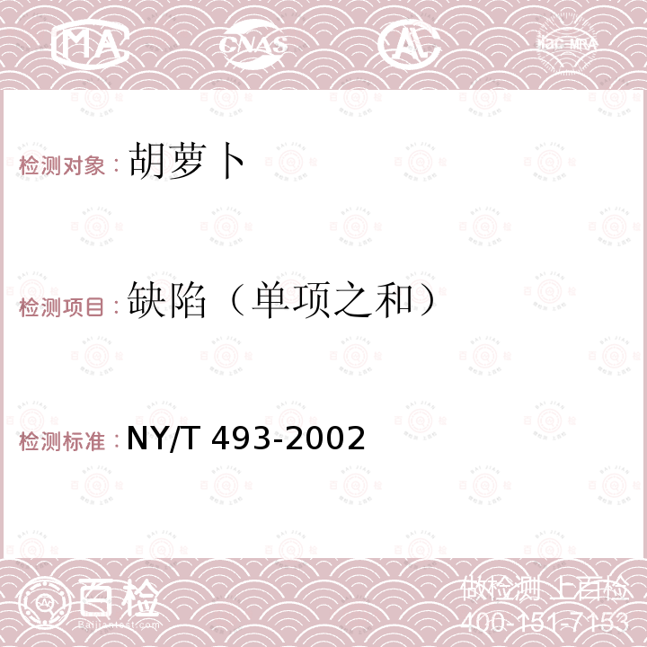 缺陷（单项之和） NY/T 493-2002 胡萝卜