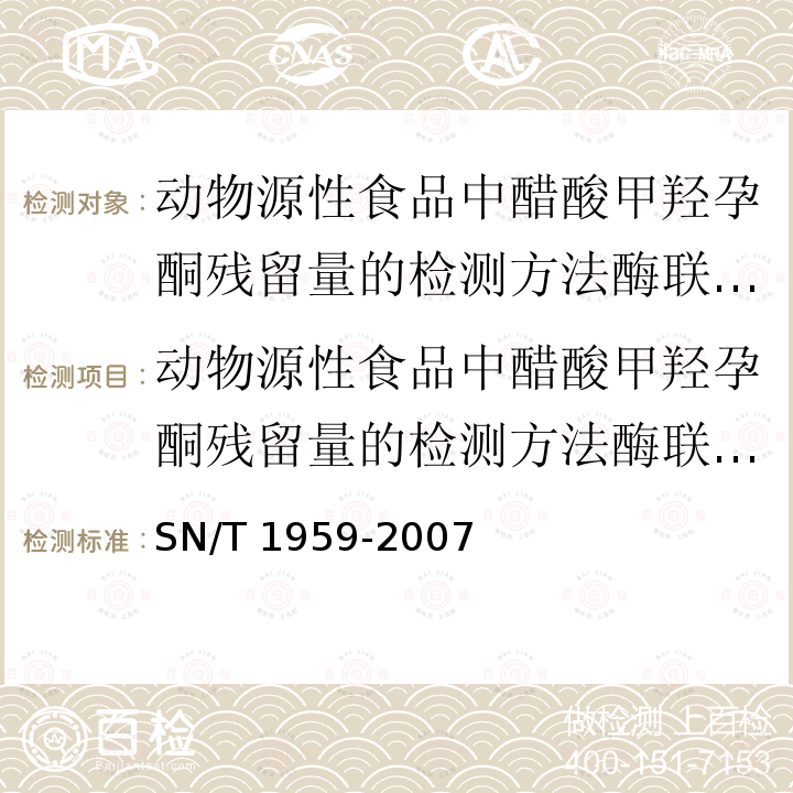 动物源性食品中醋酸甲羟孕酮残留量的检测方法酶联免疫法 SN/T 1959-2007 动物源性食品中醋酸甲羟孕酮残留量的检测方法 酶联免疫法