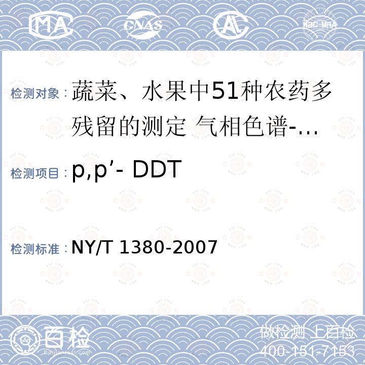 p,p’- DDT NY/T 1380-2007 蔬菜、水果中51种农药多残留的测定气相色谱质谱法