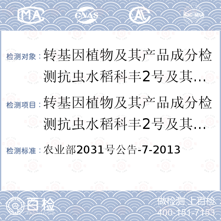 转基因植物及其产品成分检测抗虫水稻科丰2号及其衍生品种定性PCR方法 农业部2031号公告-7-2013  