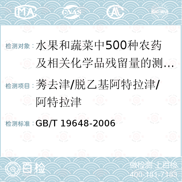 莠去津/脱乙基阿特拉津/阿特拉津 GB/T 19648-2006 水果和蔬菜中500种农药及相关化学品残留量的测定 气相色谱-质谱法