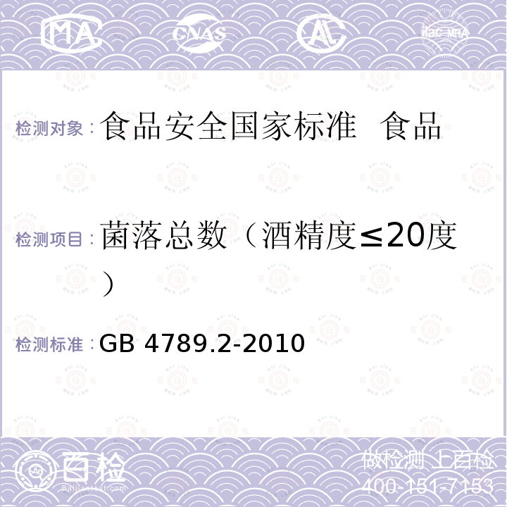 菌落总数（酒精度≤20度） GB 4789.2-2010 食品安全国家标准 食品微生物学检验 菌落总数测定