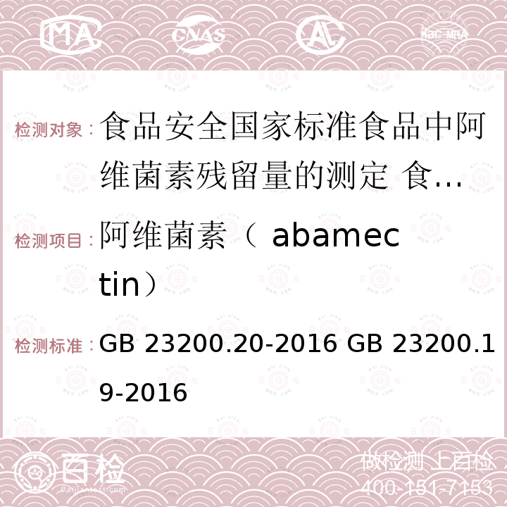 阿维菌素（ abamectin） GB 23200.20-2016 食品安全国家标准 食品中阿维菌素残留量的测定液相色谱-质谱/质谱法