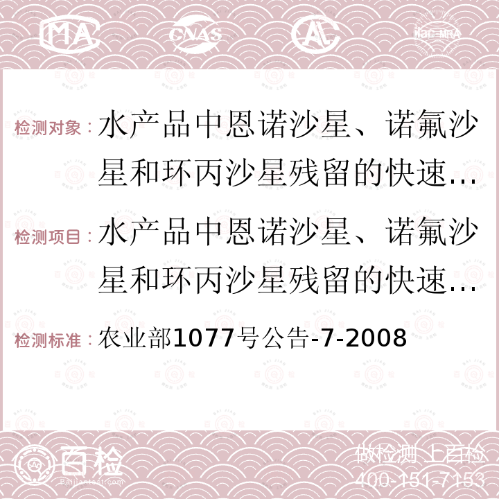 水产品中恩诺沙星、诺氟沙星和环丙沙星残留的快速筛选测定 胶体金免疫渗滤法 农业部1077号公告-7-2008  