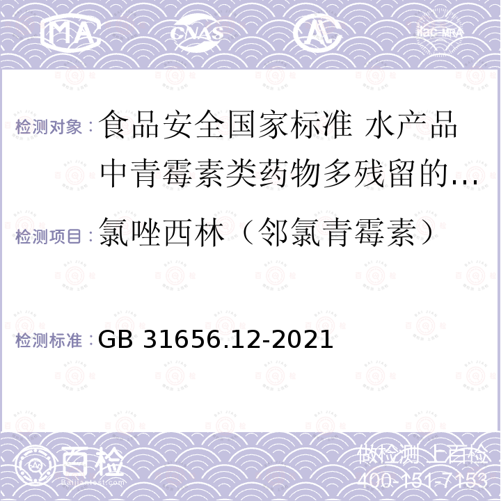 氯唑西林（邻氯青霉素） GB 31656.12-2021 食品安全国家标准 水产品中青霉素类药物多残留的测定 液相色谱-串联质谱法