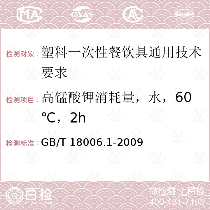 高锰酸钾消耗量，水，60℃，2h GB/T 18006.1-2009 【强改推】塑料一次性餐饮具通用技术要求