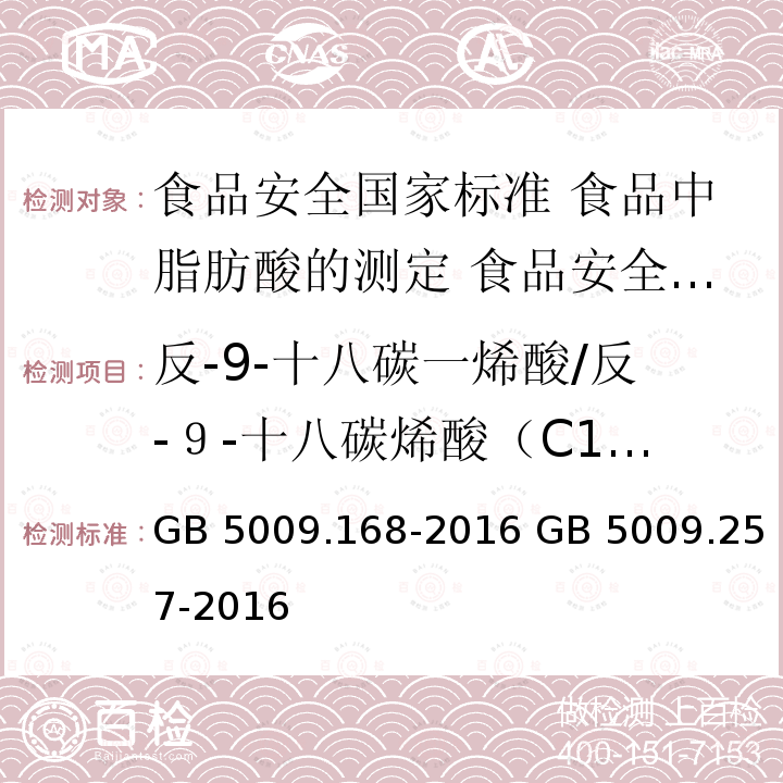 反-9-十八碳一烯酸/反-９-十八碳烯酸（C18:1n9t） GB 5009.168-2016 食品安全国家标准 食品中脂肪酸的测定