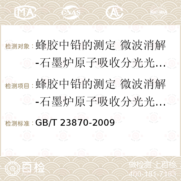 蜂胶中铅的测定 微波消解-石墨炉原子吸收分光光度法 GB/T 23870-2009 蜂胶中铅的测定 微波消解-石墨炉原子吸收分光光度法