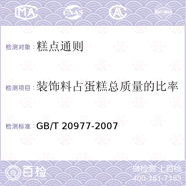 装饰料占蛋糕总质量的比率 GB/T 20977-2007 糕点通则