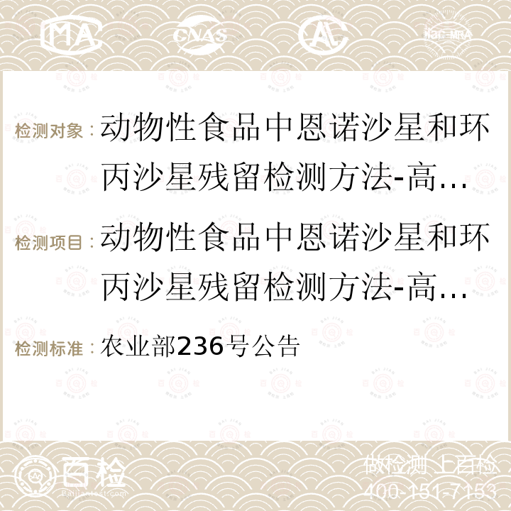 动物性食品中恩诺沙星和环丙沙星残留检测方法-高效液相色谱法 农业部236号公告  