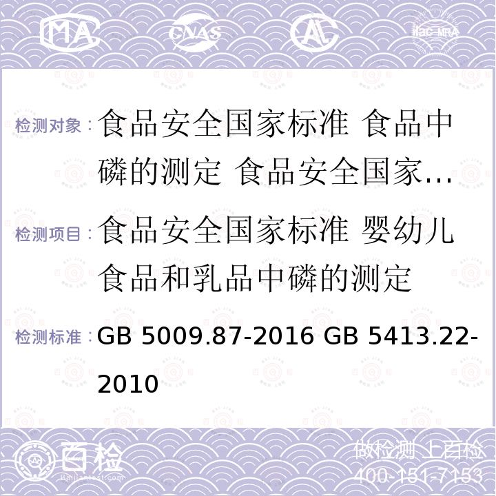 食品安全国家标准 婴幼儿食品和乳品中磷的测定 GB 5009.87-2016 食品安全国家标准 食品中磷的测定