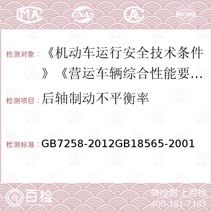 后轴制动不平衡率 GB 7258-2012 机动车运行安全技术条件