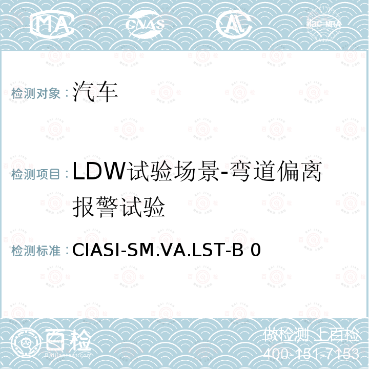 LDW试验场景-弯道偏离报警试验 CIASI-SM.VA.LST-B 0 中国保险汽车安全指数测试评价规程（2020版） 第4部分：车辆辅助安全指数 车道辅助系统试验规程 CIASI-SM.VA.LST-B0