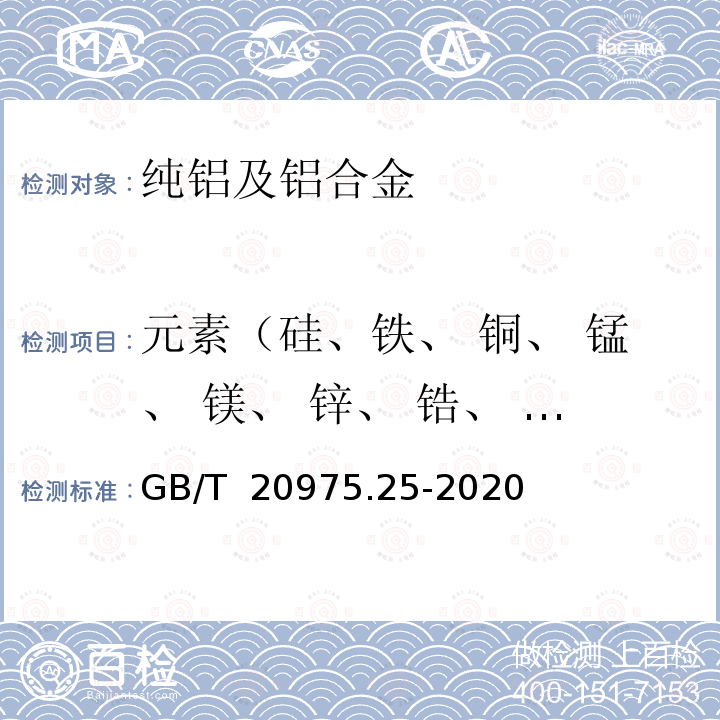 元素（硅、铁、 铜、 锰、 镁、 锌、 锆、 钛、 铬、  镓、 硼） GB/T 20975.25-2020 铝及铝合金化学分析方法 第25部分：元素含量的测定 电感耦合等离子体原子发射光谱法