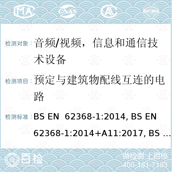 预定与建筑物配线互连的电路 音频/视频，信息和通信技术设备-第1部分：安全要求 BS EN 62368-1:2014, BS EN 62368-1:2014+A11:2017, BS EN IEC 62368-1:2020+A11:2020