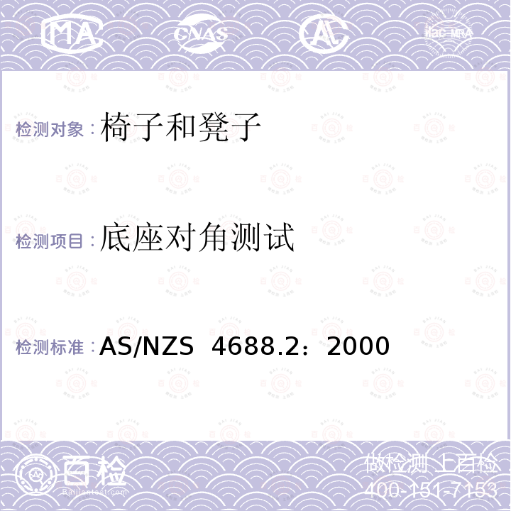 底座对角测试 家具-椅子和凳子-强度和耐久性的确定 AS/NZS 4688.2：2000