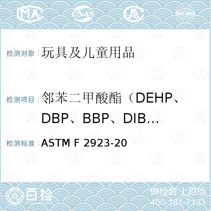 邻苯二甲酸酯（DEHP、DBP、BBP、DIBP、DPENP、DHEXP、DCHP、DINP） ASTM F2923-20 儿童珠宝安全规范 