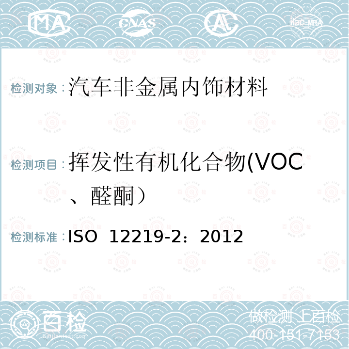 挥发性有机化合物(VOC、醛酮） 公路车辆内空气 第2部分：汽车内饰和材料散发挥发性有机化合物的测定筛选法 袋式法 ISO 12219-2：2012